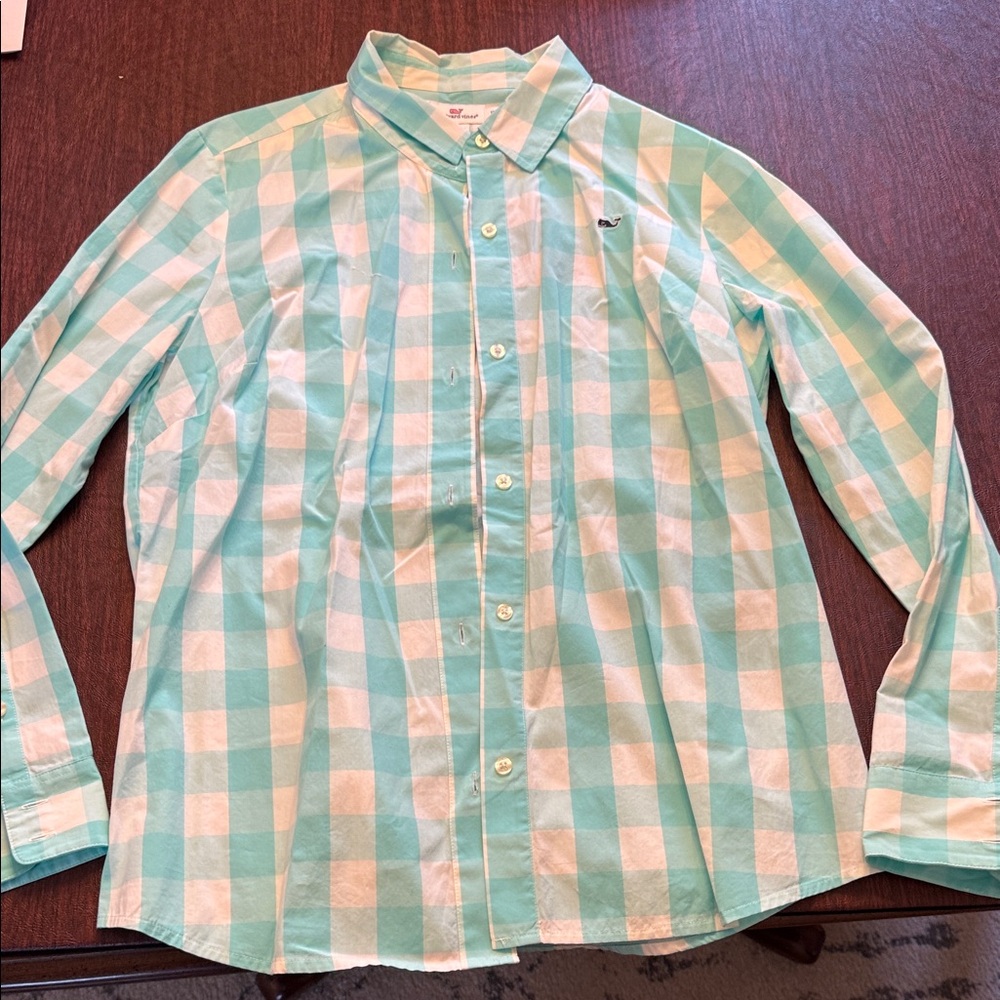 Vineyard Vines Women’s Aqua and White Checkered Shirt